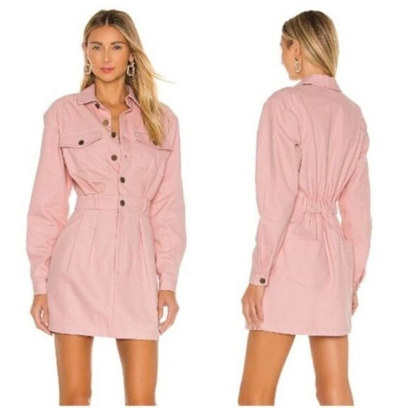 Avec Les Filles Pink Coverall Denim 3/4 Snap Front Patch Pocket Dress Size S - Picture 6 of 15